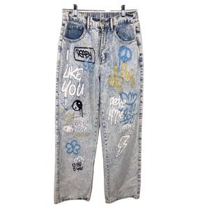 SHEIN Acid Wash Graffiti Jeans Women's Size‎ 6 High Rise Distressed Denim Trendy
